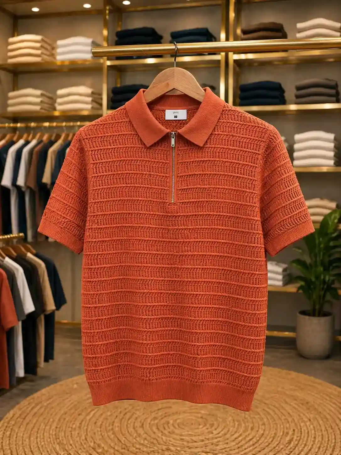 Men's Orange Textured Knit Zip Polo